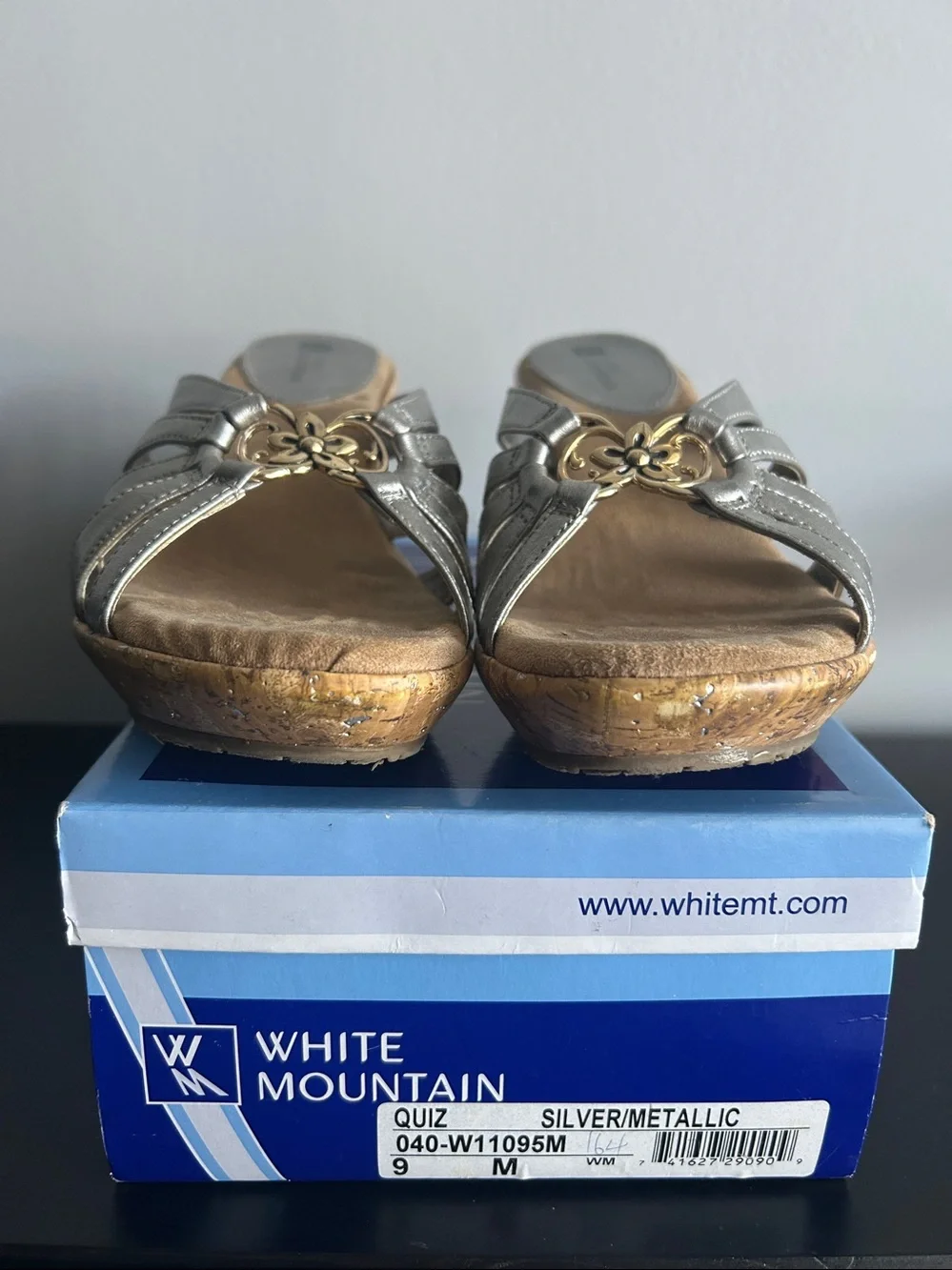 White Mountain Metallic Silver Slide Sandals with Gold Accent 9
